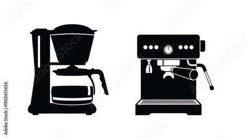 Two coffee makers in black a drip and espresso machine silhouette