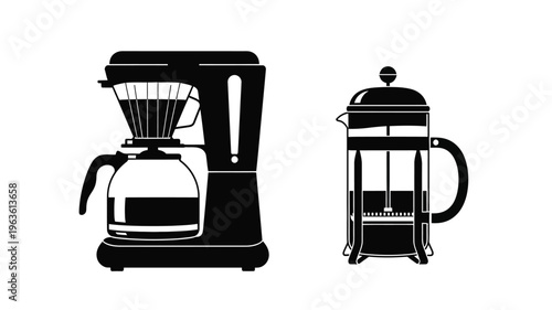 Two coffee makers a drip and french press in black silhouette