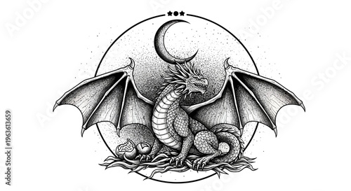Detailed Mythical Dragon Illustration with Crescent Moon and Bat Wings. Black and White Fantasy Engraving Style Art.