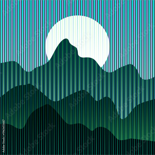 Abstract Striped Mountain Landscape with Moon and Sky