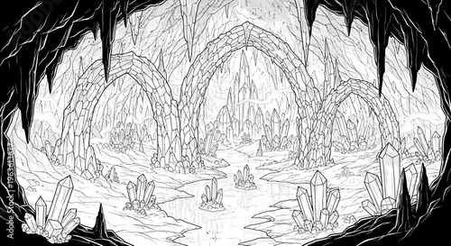 Detailed fantasy underground crystal cavern interior with natural arches, stalactites, and intricate geological formations in monochrome line art illustration.