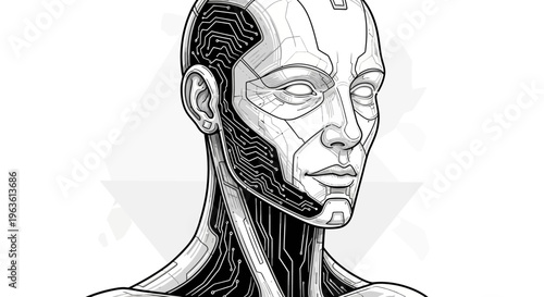 Detailed illustration of a futuristic humanoid head with visible circuits, representing artificial intelligence and advanced technology