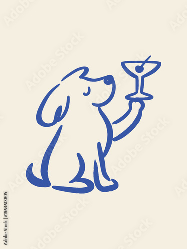 Dog with martini glass naive hand drawn vector illustration