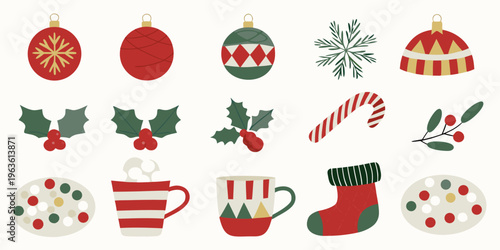 Festive holiday illustrations featuring ornaments foliage and cozy winter items
