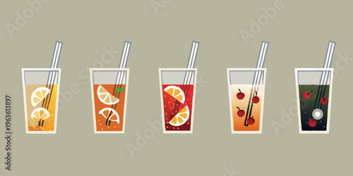 Five refreshing drinks in glasses with straws and fruit slices