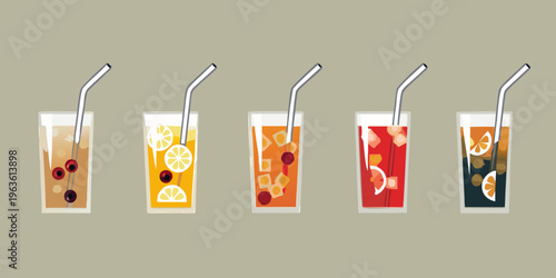 Five colorful drinks in glasses with metal straws flat vector illustration