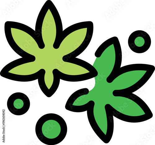 Marijuana leaves falling down with green light dots, simple cartoon style