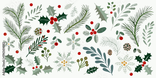 Festive arrangement of evergreen branches berries and winter foliage