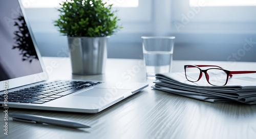 Modern home office workspace with laptop glasses and documents on a desk