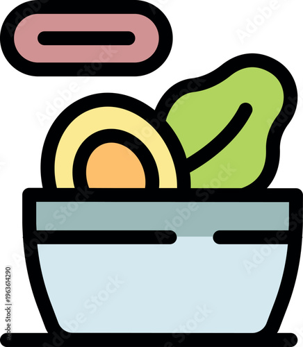 Bowl containing sliced boiled egg and lettuce leaf with floating minus sign, representing dieting and calorie counting