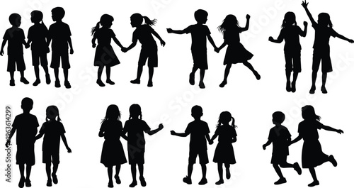 Collection of Happy Children Silhouettes Featuring Boys and Girls Playing Holding Hands Jumping and Dancing for School Education Childhood Development and Summer Camp