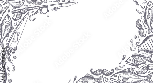 Fishing Hobby Fun Border Design with Fish and Gear, Hand Drawn Sketch