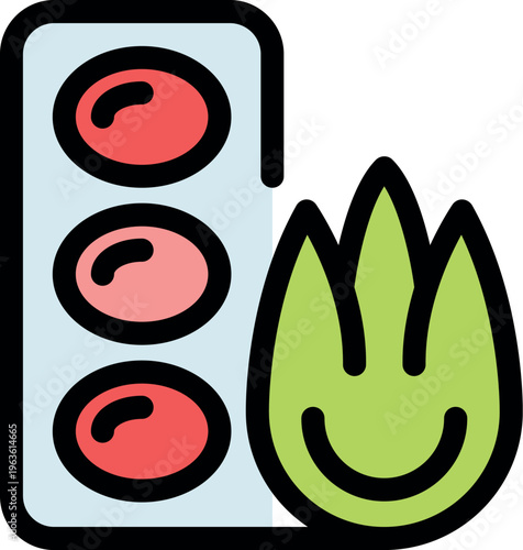 Herbal pills boosting energy and promoting relaxation, symbolized by a traffic light and a smiling flame