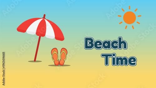 Summer Vacation Illustration With Beach Umbrella And Flip Flops, Relaxing Seaside Getaway
