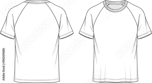 Front and back view of a blank white short sleeve t-shirt with raglan sleeves.