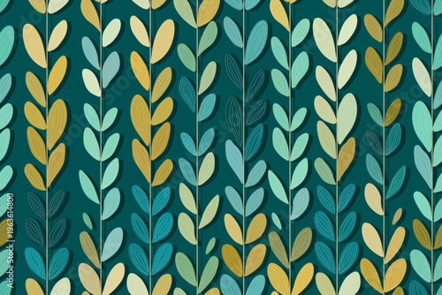 Vector hand drawn background with turquoise branches and leaves