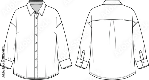 Classic white button-down shirt for men and women front and back view with collar and cuffs.