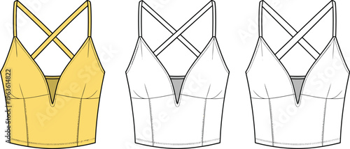 Fashionable yellow crop top with criss cross straps and detailed stitching.