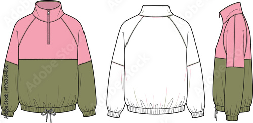 Color block zip up jacket with pink and green panels and drawstring hem.