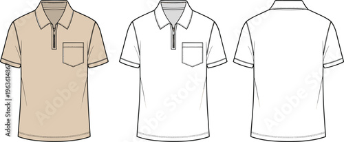 Front and back view of beige and white polo shirts with zipper and pocket.