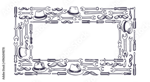 Father's Day Frame: Tools, Hats, Moustaches - Hand Drawn Doodle Border
