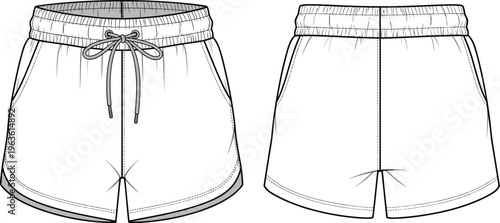 Front and back view of white shorts with drawstring and pockets.