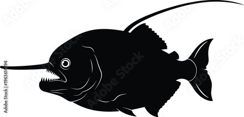 Black silhouette of a predatory fish with sharp teeth and a long snout.