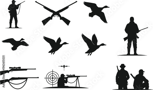 Vector illustration of hunting silhouettes featuring hunters with rifles, flying ducks, crossed shotguns, and scoped aim scenes for outdoor, sport, and wildlife themes