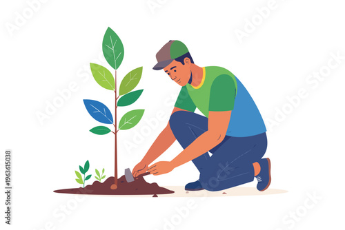 Young man planting a small tree in the ground vector illustration