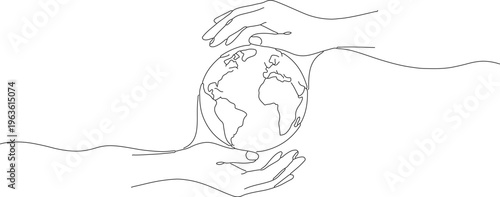 Earth protection, eco friendly, one line drawing, hands holding globe, environmental care