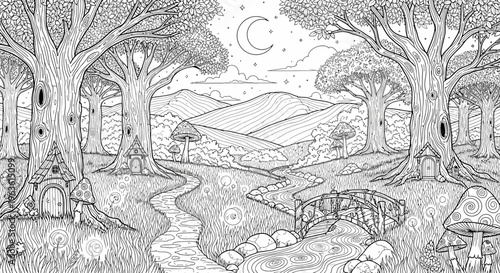Enchanted Fantasy Forest Coloring Page with Fairy Houses, Moon, Stars & Winding Stream. Detailed Line Art Night Landscape.