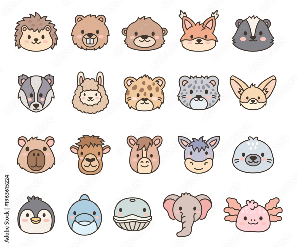 Naklejka premium Cute kawaii animal face set featuring hedgehog beaver otter fox skunk badger llama leopard snow leopard fennec capybara camel
