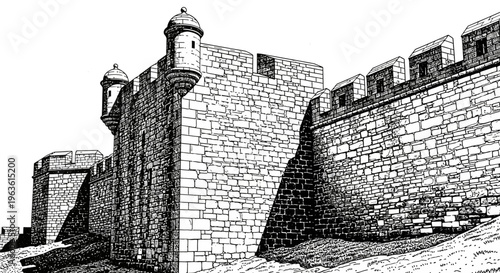 Historical stone fortress wall with watchtowers, an ancient defensive structure. Black and white architectural illustration.