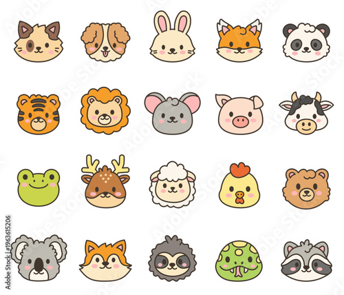 Cute kawaii animal face set featuring adorable cartoon characters pets farm reptile amphibian birds for your illustration and creative designs projects