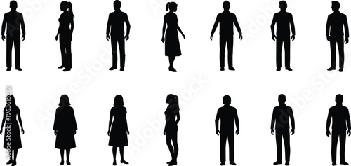 Silhouettes of diverse human figures in various standing poses, men and women in dresses and pants, profile, frontal, three-quarter views, demographic representation illustration