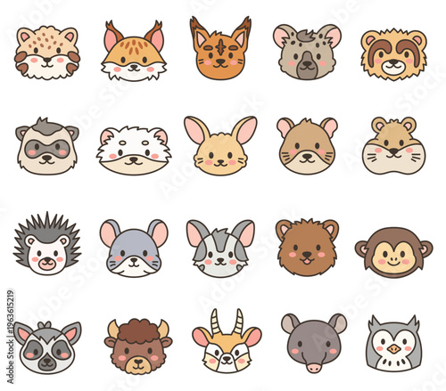 Cute kawaii animal face set featuring manul lynx caracal hyena wolverine ferret weasel jerboa gerbil hamster porcupine chinchilla possum quokka