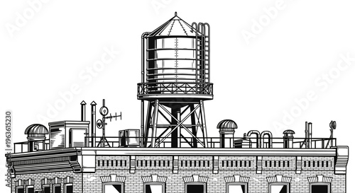 Classic urban rooftop with a prominent water tower illustration, featuring detailed architectural elements and ventilation systems