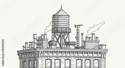 Classic urban rooftop with a prominent water tower and smoking chimneys, detailed architectural illustration in vintage engraving style.