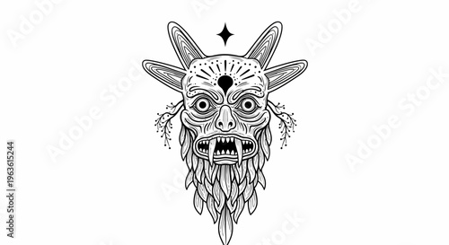 Hand-drawn mystical creature mask illustration. Dark fantasy monster with horns, sharp teeth, and third eye, isolated on white.