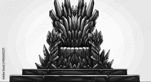 Imposing Dark Fantasy Crystal Throne Illustration. Regal Medieval Seat of Power, Black and White Graphic Design Element.