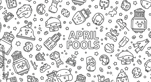 April Fools themed doodle style illustration with various objects and text
