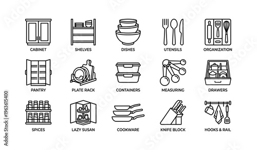 Kitchen storage solutions illustrated: cabinets, shelves, dishes, utensils, organization