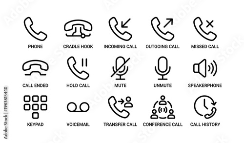 Telephone icon set: call functions, messaging, and communication features