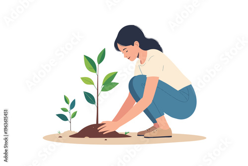 Young woman planting a small tree in the ground vector illustration