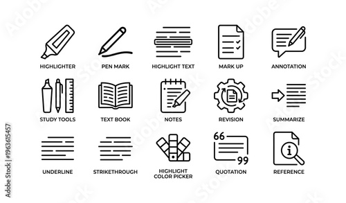 Icons of writing tools and text editing: highlighter, pen, textbook, notes, revision