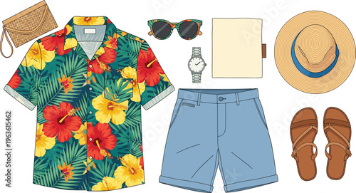 Hawaiian shirt outfit set with shorts, sandals, hat, sunglasses and beach bag for vacation.
