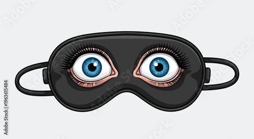 Sleep mask with cartoon blue eyes and long eyelashes on black shiny fabric