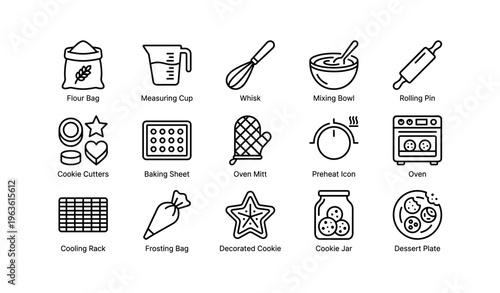 Illustrated collection of baking utensils and ingredients with outline style icons