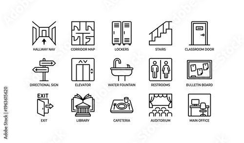 School building icons: hallway, classrooms, facilities, and navigation signs
