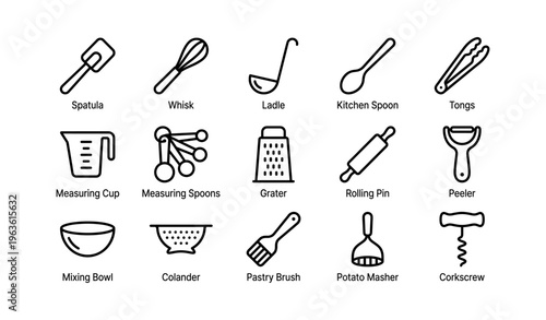 Collection of essential kitchen utensil icons for cooking and baking